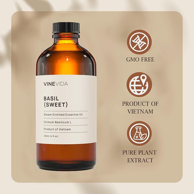 VINEVIDA Sweet Basil Essential Oil 4 oz - Undiluted Oil - DIY Candle Scents - Bulk Oil for Soap Making - Safe for Skin