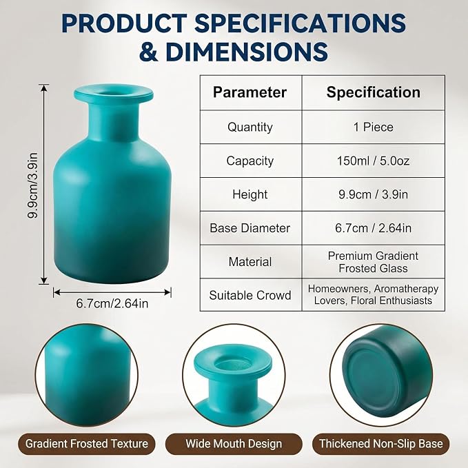 VASANA 150ml/5oz Frosted Glass Reed Diffuser Bottles, Empty Refillable Essential Oil Container, Decorative Aromatherapy Diffuser Jar for DIY Sticks, Crafts & Home Fragrance Decor (Blue Gradient)