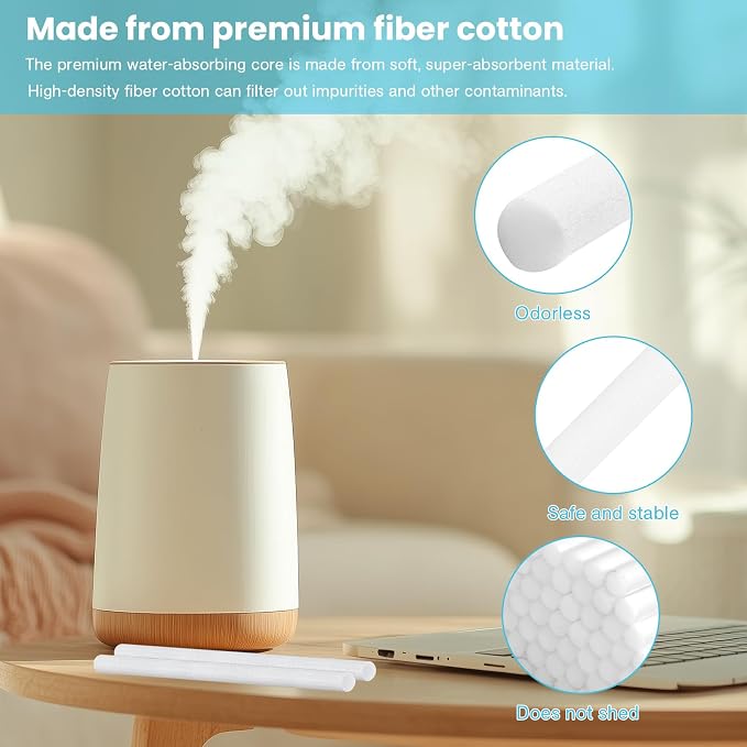 60PCS Humidifier Stick Filter Refill 4 Inch – Universal Cotton Replacement Wicks, Rapid Absorption Fits Mini Portable USB Cool Mist Diffusers, Car Travel Humidifiers, Home Bedroom Office Use