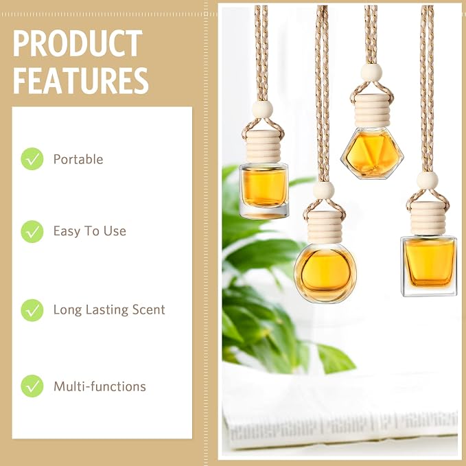 BOTO 100 Pcs Oil Air Freshener Diffuser with Wooden Cap Empty Essential Diffuser Aromatherapy Car Fresheners Clear Car Fragrance Holder Pendant Aesthetic Decor Hanging Perfume Bottle (Various Style)