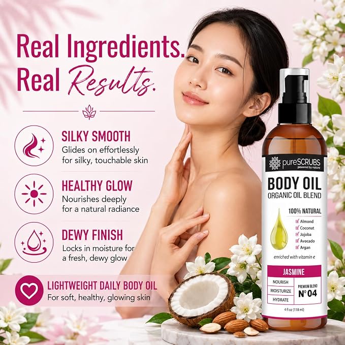 pureSCRUBS Ultra Moisturizing Jasmine Body Oil for Dry Skin, Lightweight Full Body Moisturizer for Soft, Silky Skin, Massage & Cuticle Oil, Vitamin E Enriched, 4 oz
