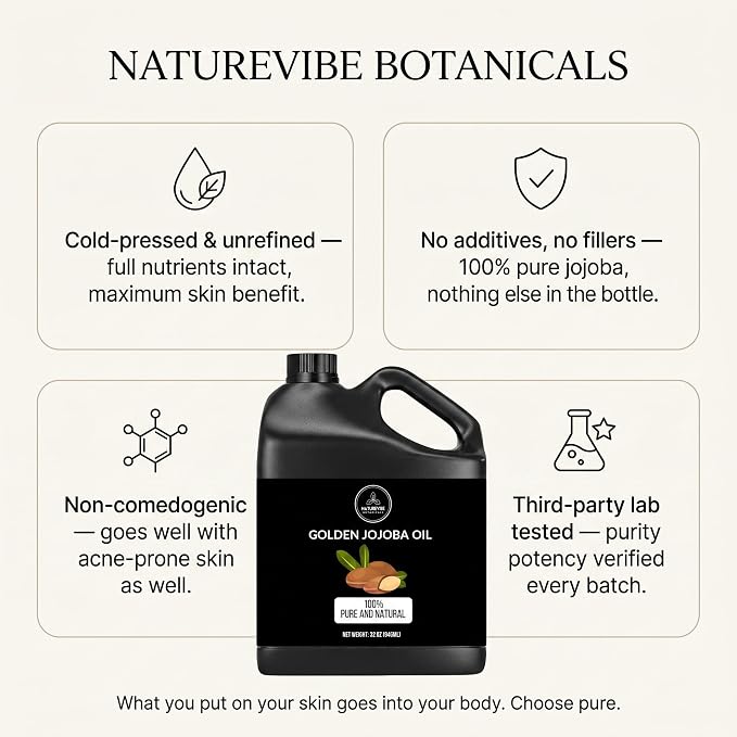 Naturevibe Botanicals Golden Jojoba Oil 32 oz – 100% Pure, Cold-Pressed Moisturizer for Skin & Hair | Antioxidant-Rich, Non-Greasy, Carrier Oil & Daily Hydration