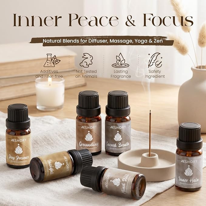 AESHORY Meditation Essential Oils Set, 6 Aromatherapy Blend Oils for Diffusers for Home, Yoga, Mindfulness & Relaxation, Deep Presence, Inner Halo, Grounding, Sacred Breath, Gift Set 6 x 10ML
