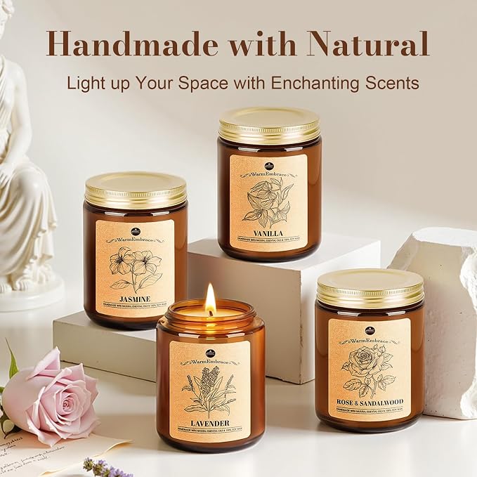 WarmEmbrace Lavender Candles, 4-Pack Scented Candle Set for Women, 7.6 oz Natural Organic Soy Wax in Glass Jar, 160 Hours Long-Lasting Burn, Perfect for Mother's Day, Birthday Gifting (4 Fragrance)