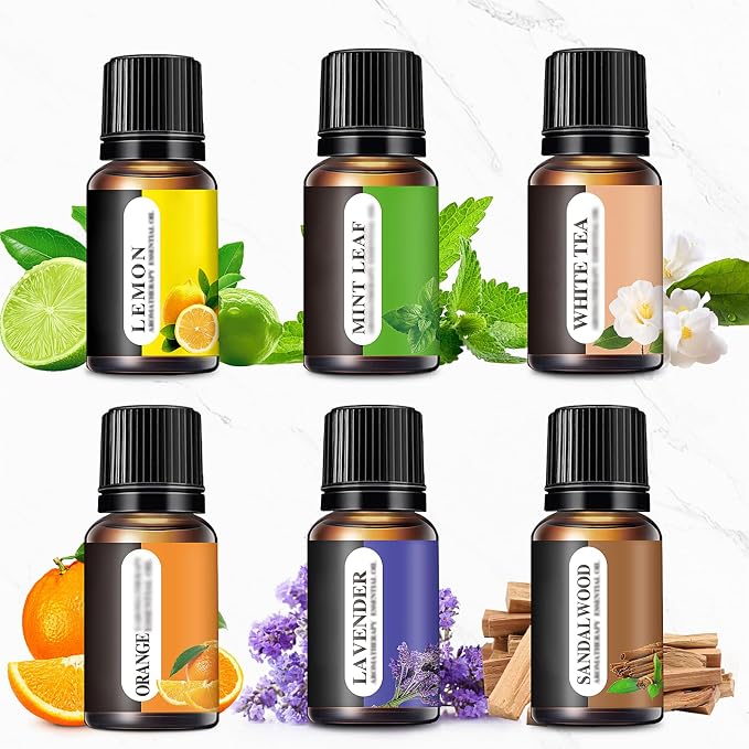 Aromatherapy Essential Oils Kit, 6pcs Pure Scented Oils for Diffuser, Soap, Massage & Home Use - Lavender, Mint, Lemon, Orange, Sandalwood, White Tea