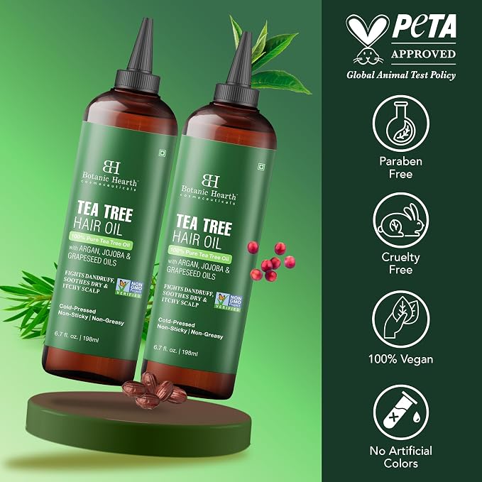 Botanic Hearth 100% Pure Tea Tree Hair Oil For Hair Growth & Hair Treatment Oils 6.7 Fl Oz, 2 Pack|Infused with coconut Oil|Hair Oil Repairs Dry Damaged Hair, Strengthening, Healthier| All Hair Types