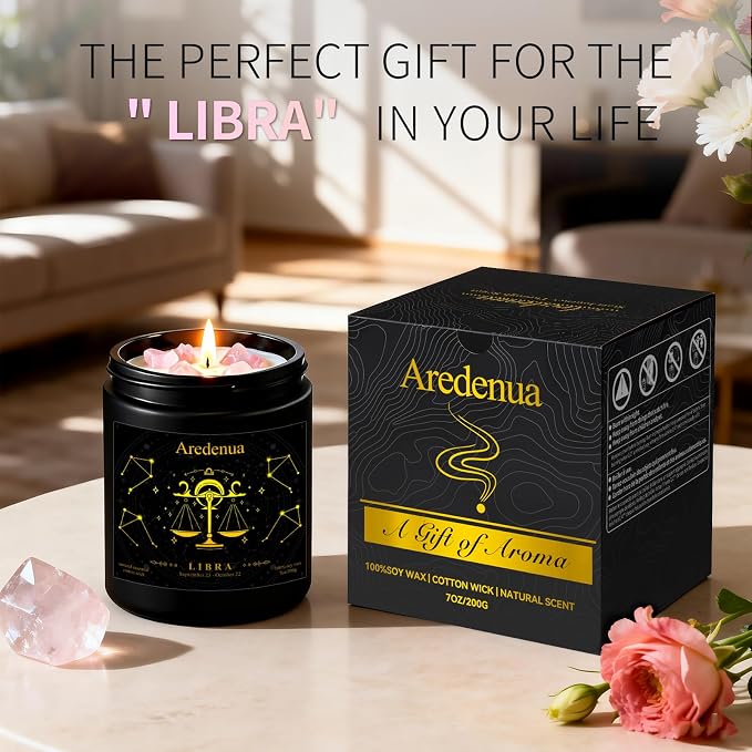 Libra Birthday Gifts Candle for Women | Zodiac Scented Candle with Rose Quartz Crystals - Warm & Cozy Scented Natural Soy Candle 7oz 50-Hour Burn, Healing Aromatherapy Candle for Relaxation Meditation