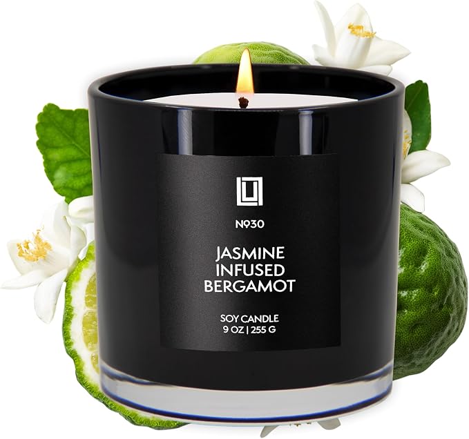 Lulu Candles | Jasmine Infused Bergamot | Luxury Scented Soy Jar Candle | Hand Poured in The USA | Highly Scented & Long Lasting- 9 Oz.