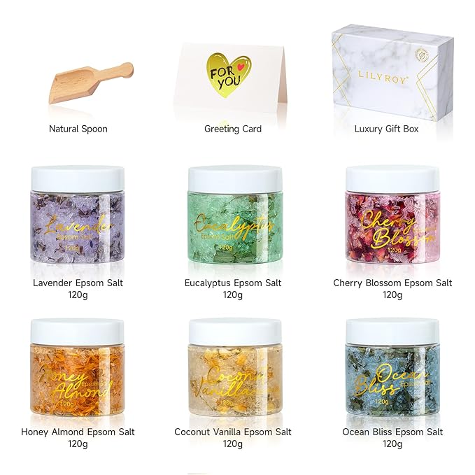 Gifts for Women & Men, Birthday Gifts - 9-Piece Floral Epsom Salt Gift Set for Women with 6 x 120g Epsom Salt, Bath and Body Gift Set in Elegant Box | Christmas, Mothers Day, Valentines Day for Her