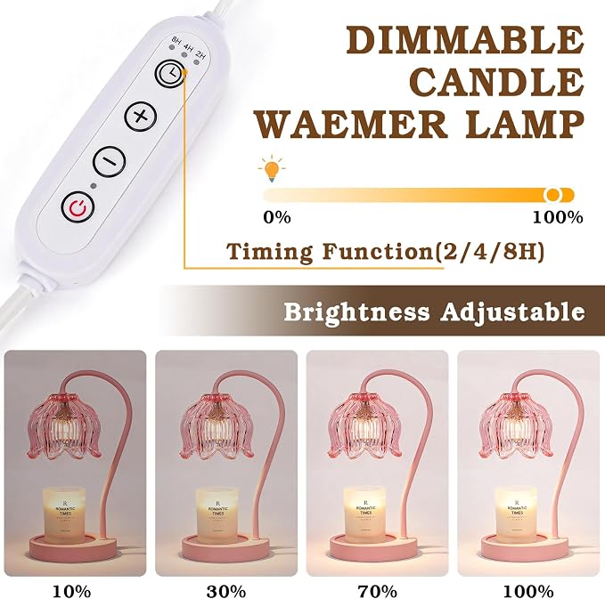Funistree Flower Candle Warmer Lamp with Timer, Dimmable Candle Lamp Warmer, Christmas Birthday Gifts for Women Mom Her, Housewarming Home Decor, Lotus Wax Warmer for Yankee - Full Pink 10 Inch