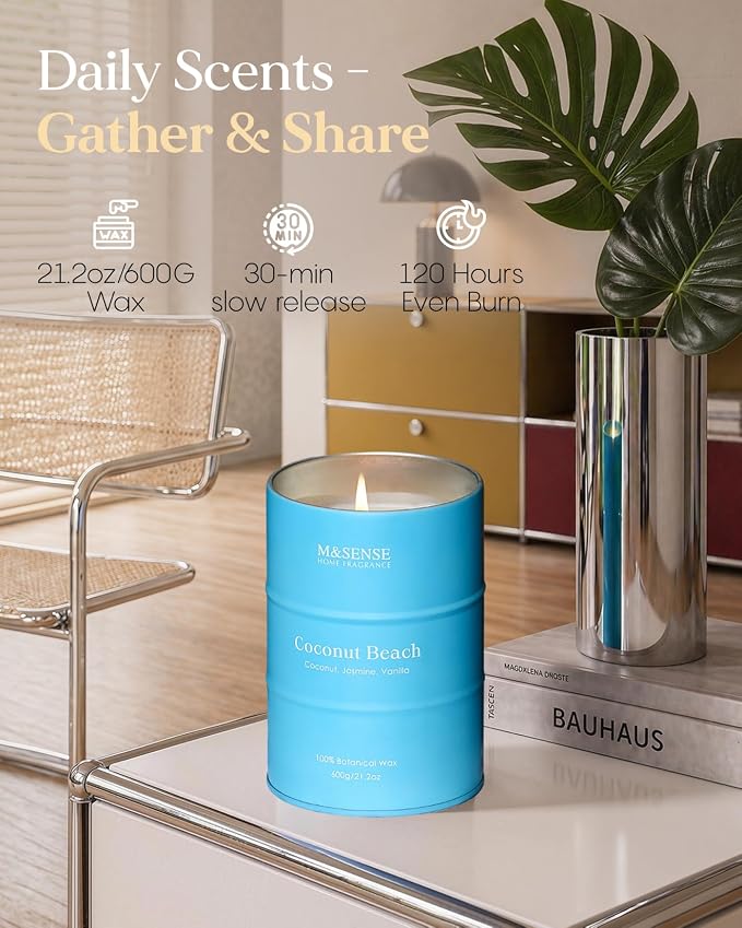 M&SENSE Coconut Beach Scented Candles Large Summer Candle, Natural Soy Candles 21.2oz Beach Candle,Aromatherapy Candle for Stress Relief Meditation Relaxing