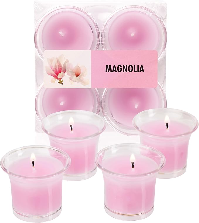 HYOOLA Clear Cup Scented Votive Candles - Magnolia - 12 Hour Burn Time - 4 Pack - European Made