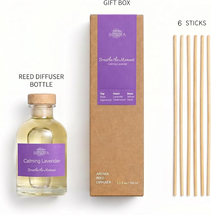 Natural Reed Diffuser Set, Calming Lavender 3.52 oz (100ml) Scented Diffuser with Sticks Home Fragrance Reed Diffuser for Bathroom Shelf Decor, Ideal Gift for Woman