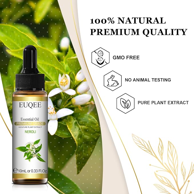 EUQEE Neroli Essential Oil 10 ml Pure Essential Oil with Glass Dropper for Diffusers, Aromatherapy, Candle & Soap Making - 0.33 Fl oz