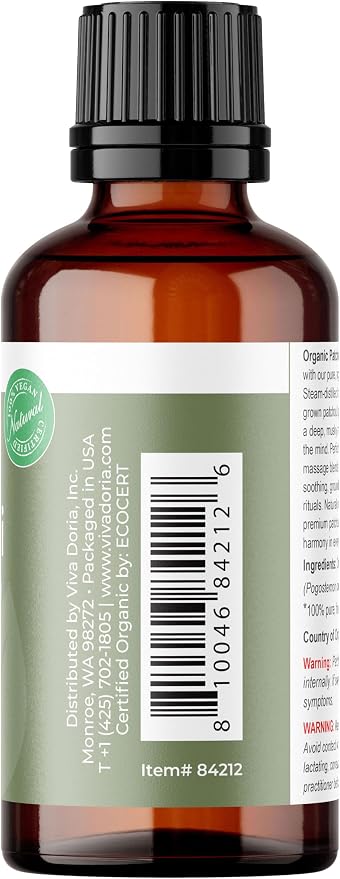 Viva Doria Patchouli Essential Oil, USDA Certified Organic Sri-Lankan Patchouli Oil, 100% Pure, Natural Essential Oil, Undiluted, for Aromatherapy | Food Grade, 30 mL (1 Fluid Ounce)