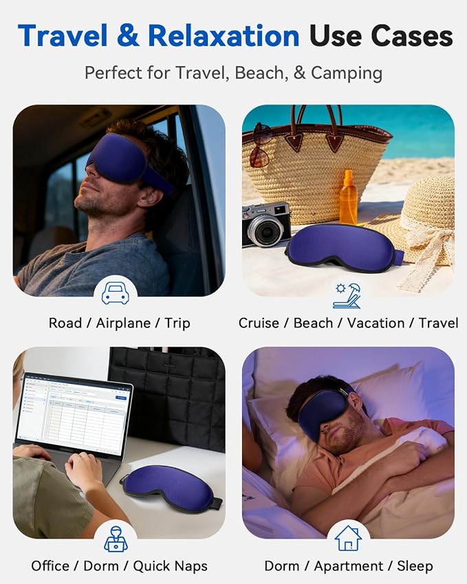 Weighted Blackout Sleep Mask, 3D Contoured Zero Eye Pressure, Lash-Friendly Deep Eye Cups, Adjustable Slide Buckle Strap, Spring Break & Beach Vacation Essential, Summer Travel Sleep Mask (Navy Blue)