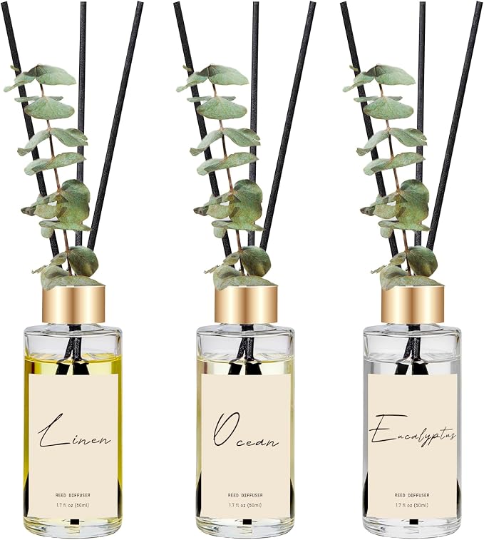 Reed Diffuser Set of 3, Eucalyptus, Linen & Ocean Scented Oil Diffusers with 15 Reeds, Long-Lasting Home Fragrance for Bedroom & Bathroom Decor, 1.7 fl oz Each, Total 5.1 oz
