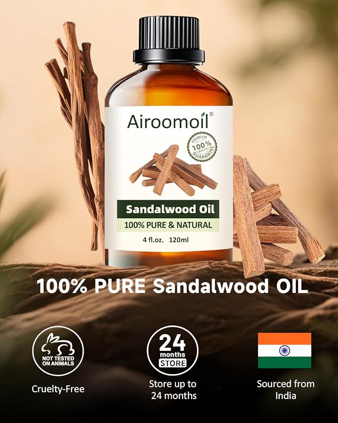 Sandalwood Essential Oil, 100% Pure Natural Sandalwood Oil for Diffuser, Aromatherapy, Skincare, Oil, Massage & DIY Perfume Making, Large 4 fl oz | Woody, Creamy, Long-Lasting Scent