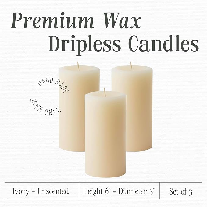 Mister Candle Dripless Unscented Pillar Candles, Set of 3 Hand Poured Ivory Pillar Candles, Solid Color Non-Scented Candles for Home Decor, Premium Wax, 80 Hr Burn Time, 3x6 Inch