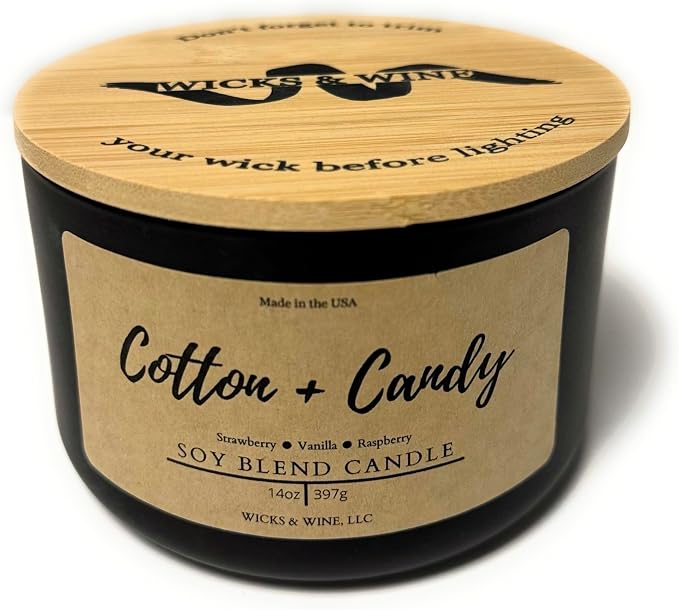 Wicks & Wine Soy Blend 3-Wick Cotton CORE Candle 14oz (Cotton Candy)