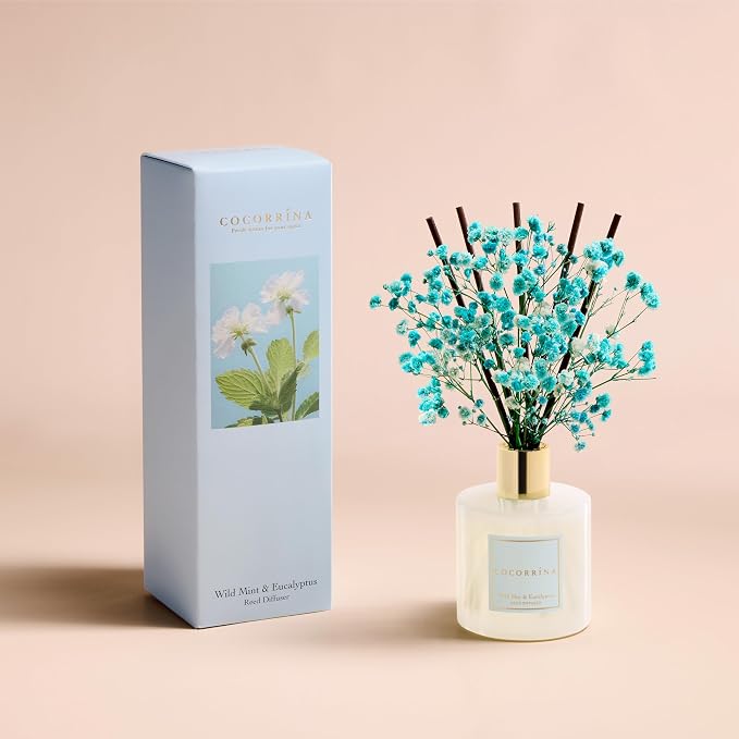 COCORRÍNA Reed Diffuser - Wild Mint & Eucalyptus 6.7 Fl.oz Reed Diffuser Set with Sticks & Preserved Baby's Breath, Reed Diffuser for Home Bathroom Shelf Decor
