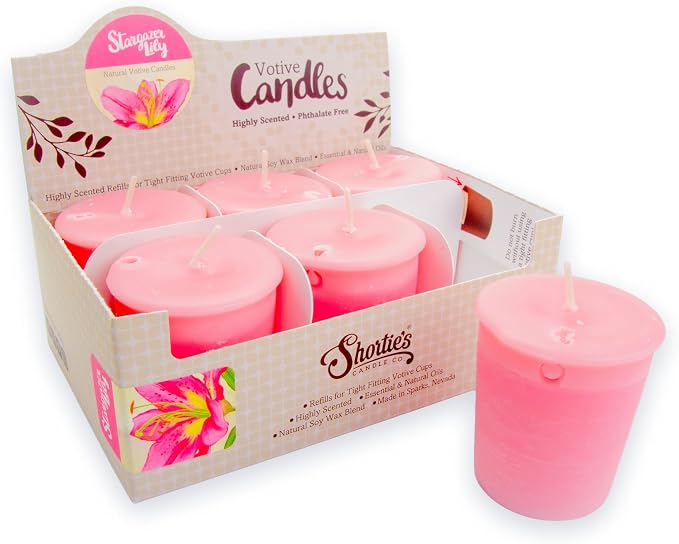 Stargazer Lily Soy Votive Candles - Scented with Natural Fragrance Oils - 6 Pink Natural Votive Candle Refills - Flower & Floral Collection