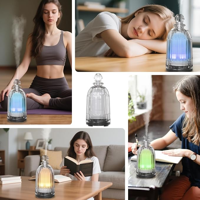 Glass Essential Oil Diffuser, Ultrasonic Aroma Diffuser Glass Cover & Plastic Reservoir with 7 LED Color Changing Light, Auto Shut-Off for Home Office Spa, 120ml(Black Base)