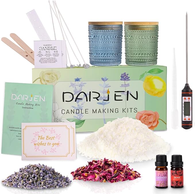 DARJEN Candle Making Kits for Beginners, DIY Starter Scented Candles Making Kit - 2 Glass Jars(Blue, Green), Soy Wax, Scented, Card & More, Full Soy Candle Making Supplies Set Perfect Gifts