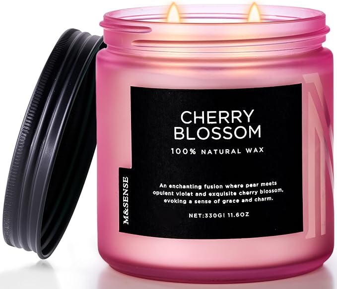 M&SENSE Cherry Blossom Home Scented Candles, 11.6oz Natural Soy Wax, Non-Toxic Clean Burning, 70-Hour Burn Time, Spring Floral Aromatherapy for Stress Relief & Relax, Relaxing Candle Gifts for Mom