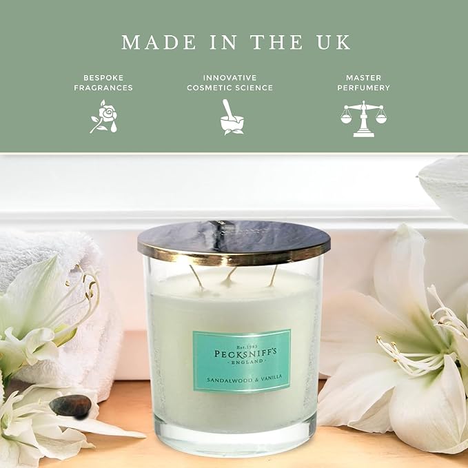 Pecksniff's Sandalwood & Vanilla 3-Wick Tall Candle | 550g/19.4oz | White Glass Vessel with Metal Lid