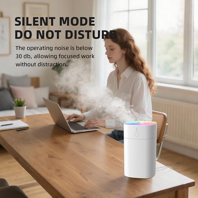 Portable Desktop Humidifier, 400ml Small Humidifier, Travel Fragrance Diffuser, Powered by USB, with LED Light and Automatic Shut-off Function (Grey)