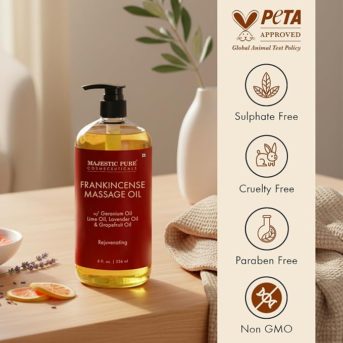MAJESTIC PURE Frankincense Scar & Stretch Massage Oil for Massage Therapy- Refreshing and Relaxing- Natural Oils with Frankincense Essential Oil- All Skin Types- Men and Women Massage Lotion- 8 fl oz