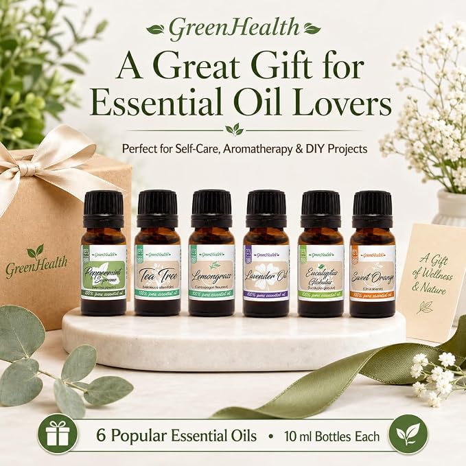 GreenHealth Top 6 Essential Oil Gift Set – 100% Pure Therapeutic Grade – Lavender, Tea Tree, Eucalyptus, Lemongrass, Sweet Orange, Peppermint – Aromatherapy & Diffuser Oils 6x10ml