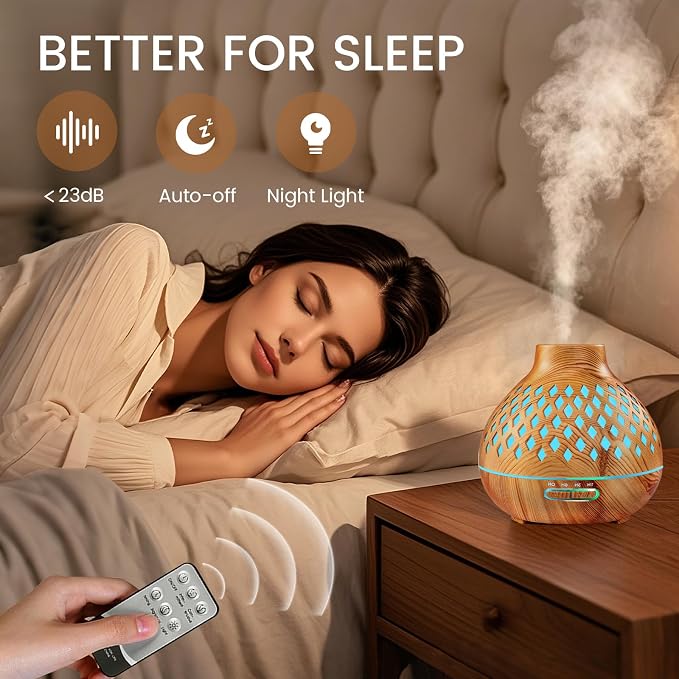 Aeshory Aromatherapy Diffuser & 12 Essential Oils Set, 550ML Aromatherapy Diffuser for Home, Ultrasonic Cool Mist Humidifier with Remote Control 4 Timer 7 Color LED Light, Waterless Auto Off, Light
