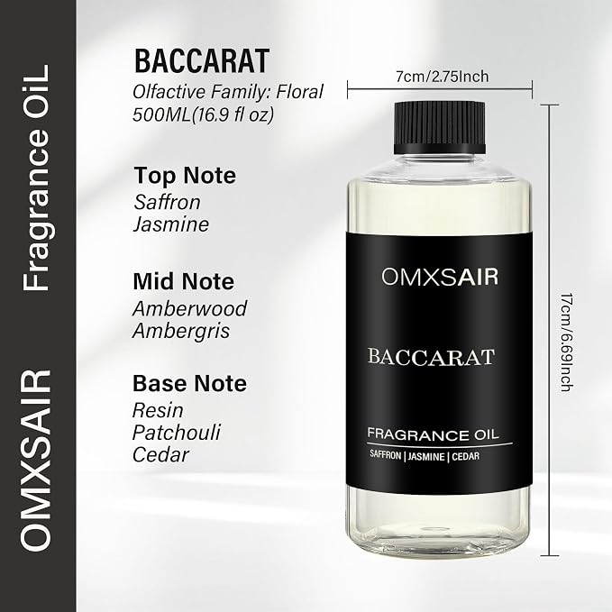 Baccarat Hotel Diffuser Oil Inspired by Baccarat NY hotel 16.9Fl Oz(500ml) - Hotel Fragrance Diffuser Oil & Home Luxury Scents - Saffron, Cedar,Ambergris Essential Oils Blend for Aromatherapy Diffuser