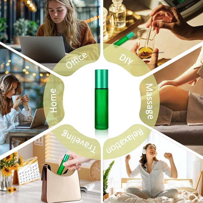 Kesell 10pcs Empty Roll on Glass Bottles, 10ml 1/3 Oz Essential Oil Roller Bottles with Stainless Steel Roller Balls, Refillable Small Perfume Vials for Travel - Green Color