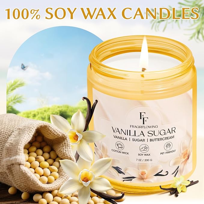 Vanilla Sugar Scented Candle, Natural Soy Wax Jar Candle for Home Scented, 100-Hour Burn Time Gifts for Women Men, 7 oz (2 Pack)