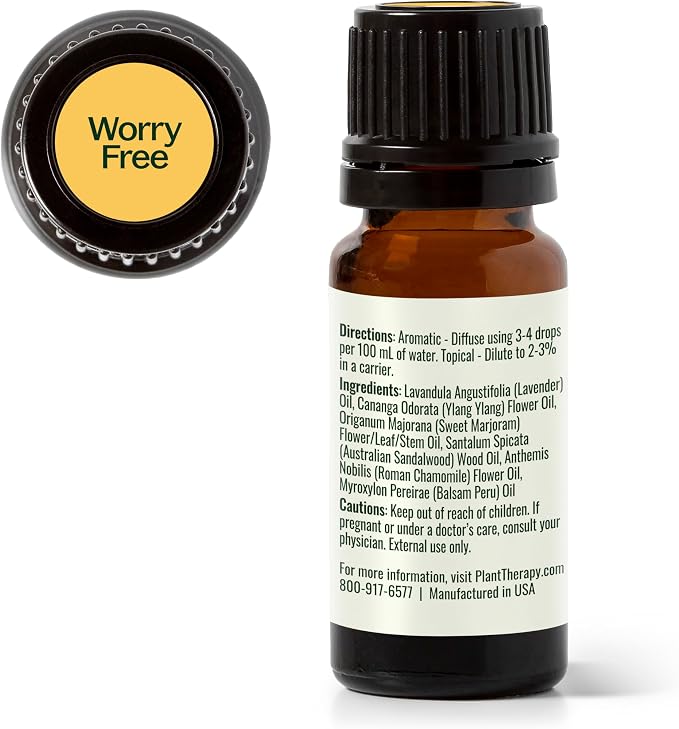 Plant Therapy Worry Free Essential Oil Blend, 10 mL (1/3 oz), Calming Relief Blend, 100% Pure and Undiluted, Natural Aromatherapy for Diffusers and DIYs
