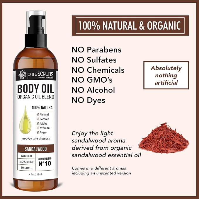 pureSCRUBS Ultra Moisturizing Sandalwood Body Oil for Dry Skin, Lightweight Full Body Moisturizer for Soft, Silky Skin, Massage & Cuticle Oil, Vitamin E Enriched, 4 oz