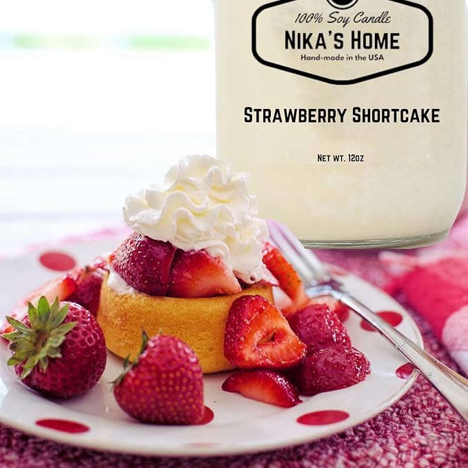 Nika's Home Strawberry Shortcake Soy Candle - 12oz Mason Jar - Non-Toxic - Hand Poured in The USA, Long Burning 50-60 Hours Highly Scented All Natural, Clean Burning