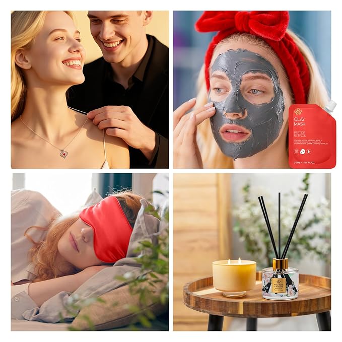 35 Pcs Mothers Day Gifts Baskets for Mom, Red Rose Bath and Body Basket Gift for Women, Face Skin Care Kit, Home Spa Self Care Basket, Diffuser, Necklace, Birthday, Christmas, Anniversary, Wife