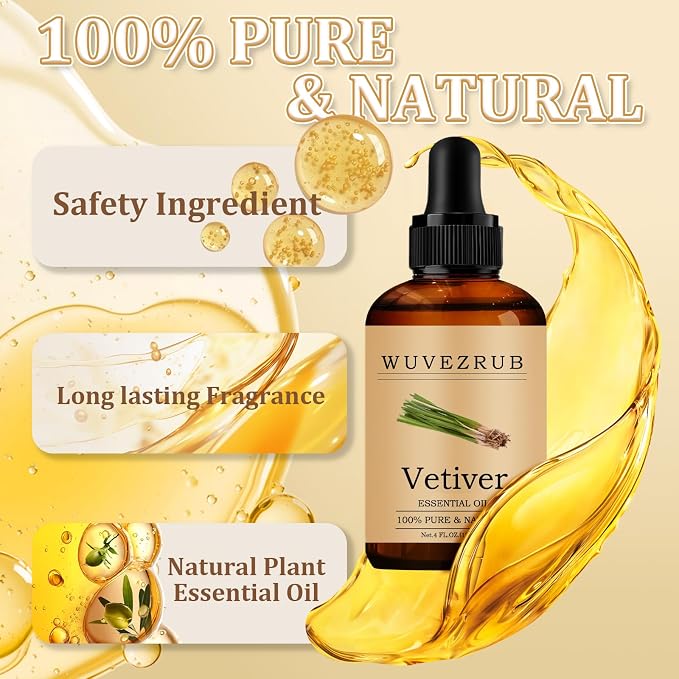 Vetiver Essential Oil 120ML - 100% Pure and Natural Oils for Aromatherapy Diffuser - 4 Fl Oz/Vetiver