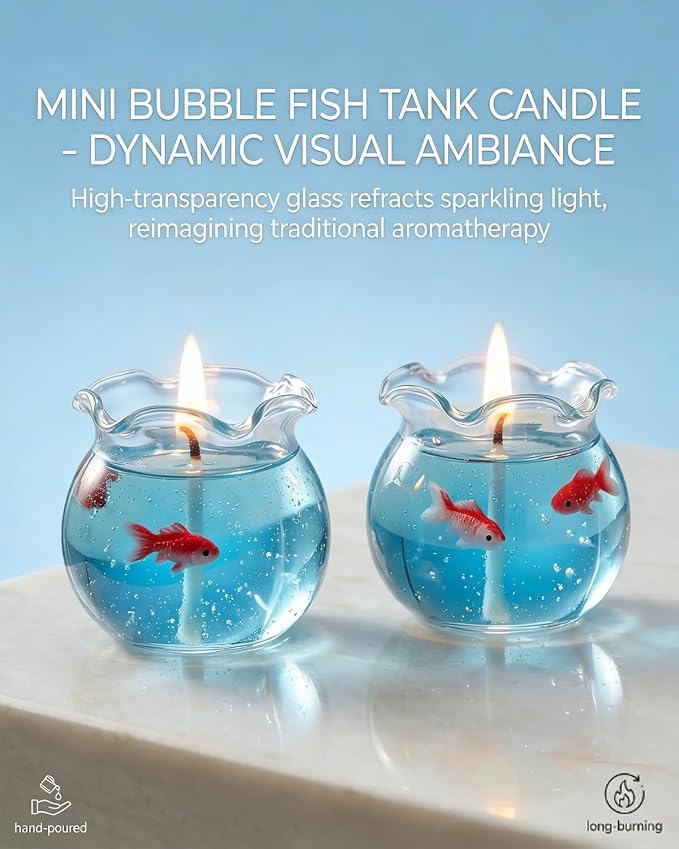 Mini Bubble Fish Tank Candle Aesthetic Decor Cute Decorative Candles for Home Trendy Cozy Room Floating Freesia Scent Bedroom Velas Gifts Recuerdos Bougie Girl Wishes Box Party Favors(2PCS)
