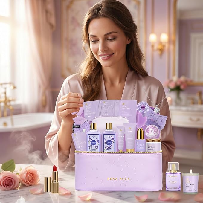 25 Pcs Mother's Day Gift, Lavender Bath & Body Gift Basket Set for Women, Hydrating Skin Care Set, Self Care Home Spa Gifts, Cosmetic Bag, Necklace, Christmas, Birthday, Anniversary, Wife