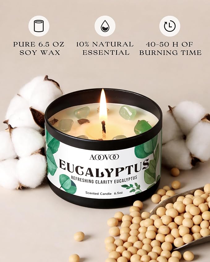 AOOVOO 2 Pack Eucalyptus Mint Candles – Aromatherapy Candle with Crystals & Eucalyptus Leaves, 13oz 100 Hours Long Lasting, Non Toxic Soy Candle for Home Spa Relaxation Meditation Yoga