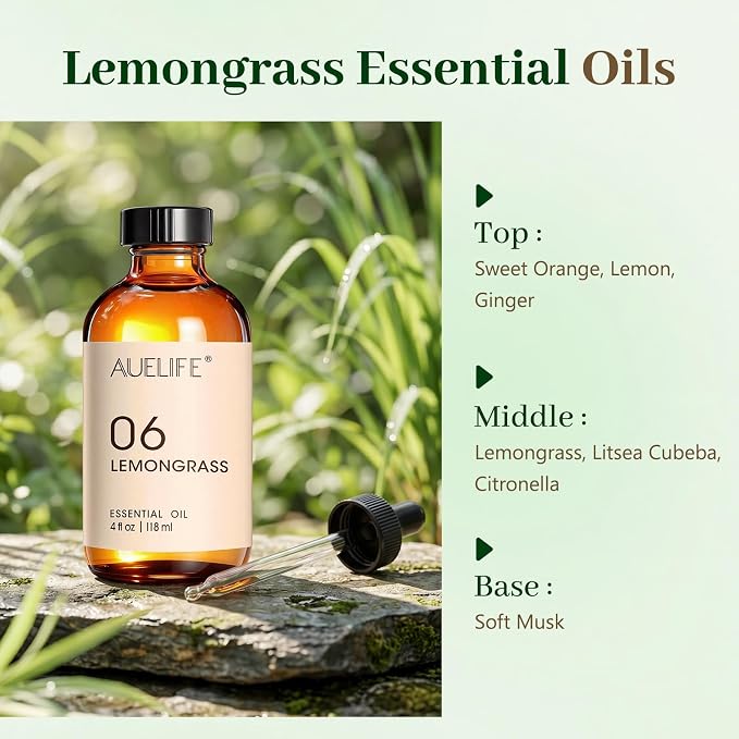 Auelife Lemongrass Essential Oil, 4 Fl Oz Diffuser Oil for Home Fragrance,Candle & Soap Making, Room Spray DIY, Glass Bottle with Dropper