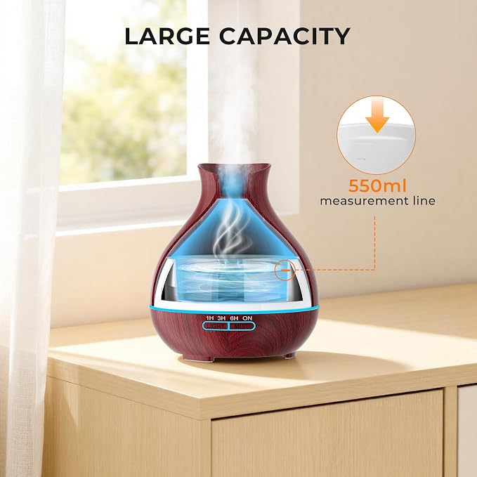 Aromatherapy Essential Oil Diffuser 550ml 12 Hours Wood Grain Aroma Diffuser with Timer Cool Mist Humidifier for Large Room, Home, Baby Bedroom, Waterless Auto Shut-off,7 Colors Lights Changing