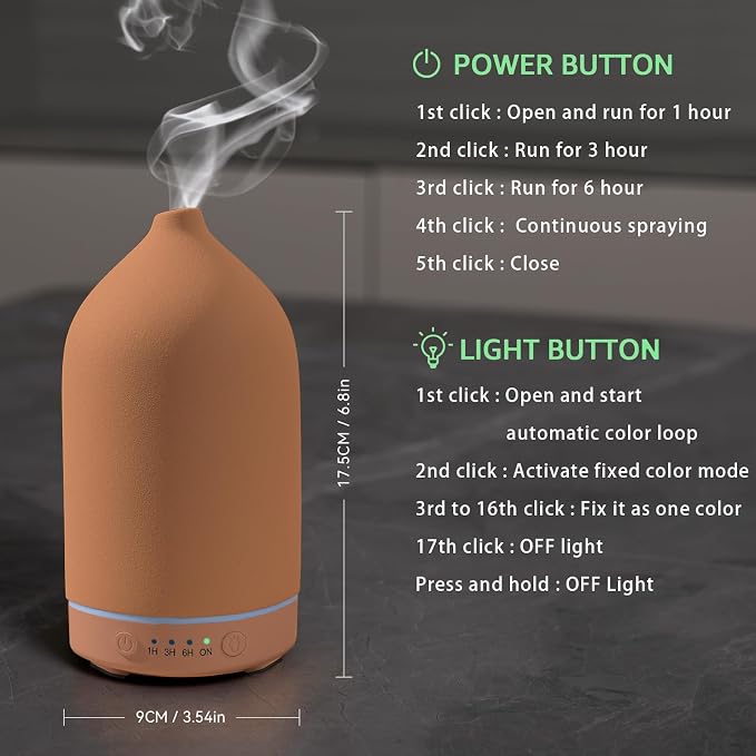Gooamp 200ML Ceramic Essential Oil Diffuser - Ultrasonic Aromatherapy & Humidifier with 7-Color LED Lights, Auto Shut-Off, Brown, 1H/3H/6H Timer | Scent for Home,Office,Yoga