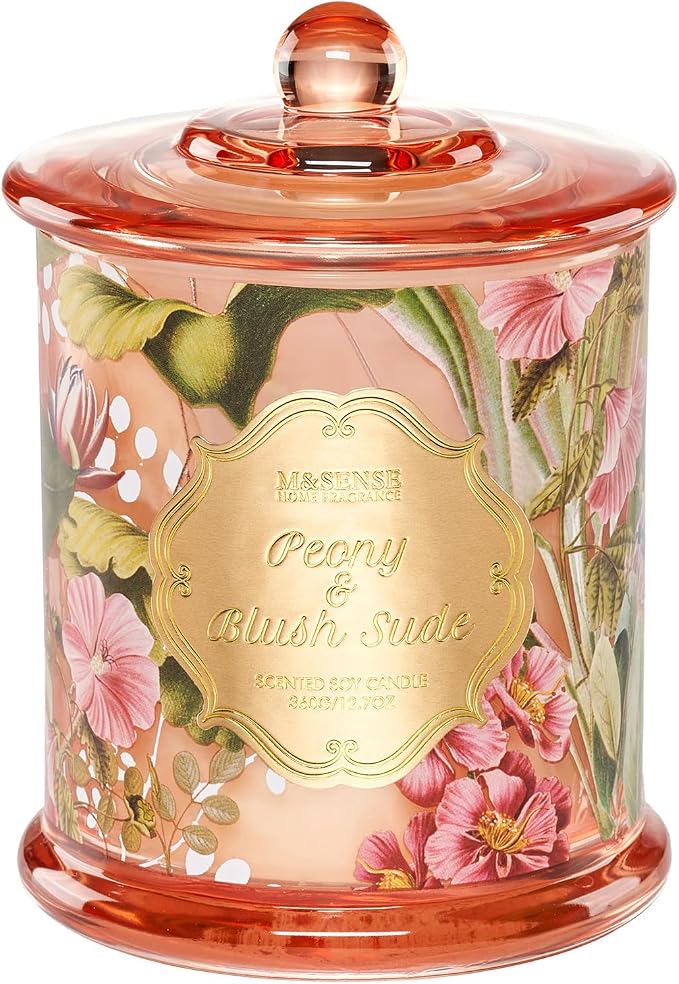 M&SENSE Peony Blush Scented Candle 12.7oz Elegant Summer 2 Wick | Natural Soy Wax, Non-Toxic, Summer Floral Scent, Elegant Gift for Women, 75 Hours Burning