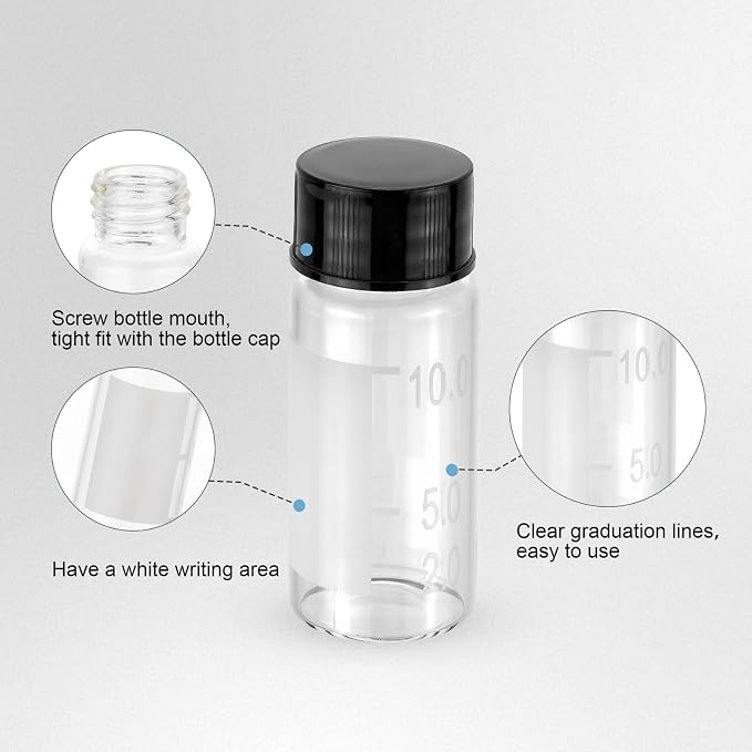 Kesell 50-Pack 10ml Clear Glass Vials - Borosilicate Glass, Graduated, with Labels -Small Sample Bottle for Oil - Portable Vials with Caps